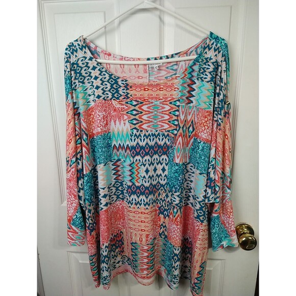 High Fifth Woman 3X Blouse Slit Gold Accent 3/4 Sleeve Western Patchwork... - Picture 1 of 9
